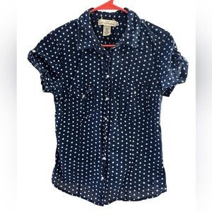 Women’s button down blouse L.O.G.G.H&M navy blue white polka dots size 10 slim